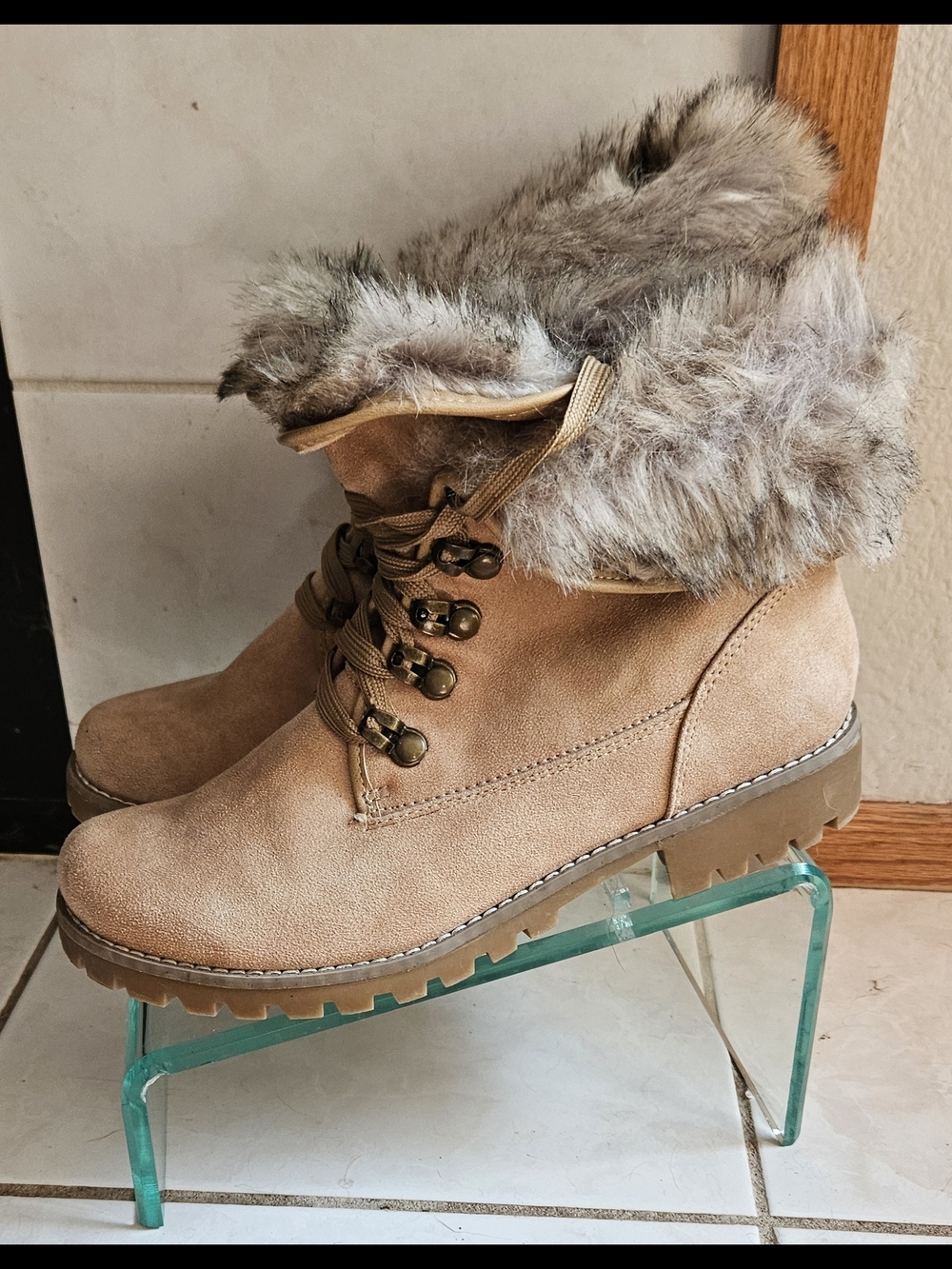 Cliffs by WHITE MOUNTAIN Tan Faux-Fur Lace-Up Winter Boots